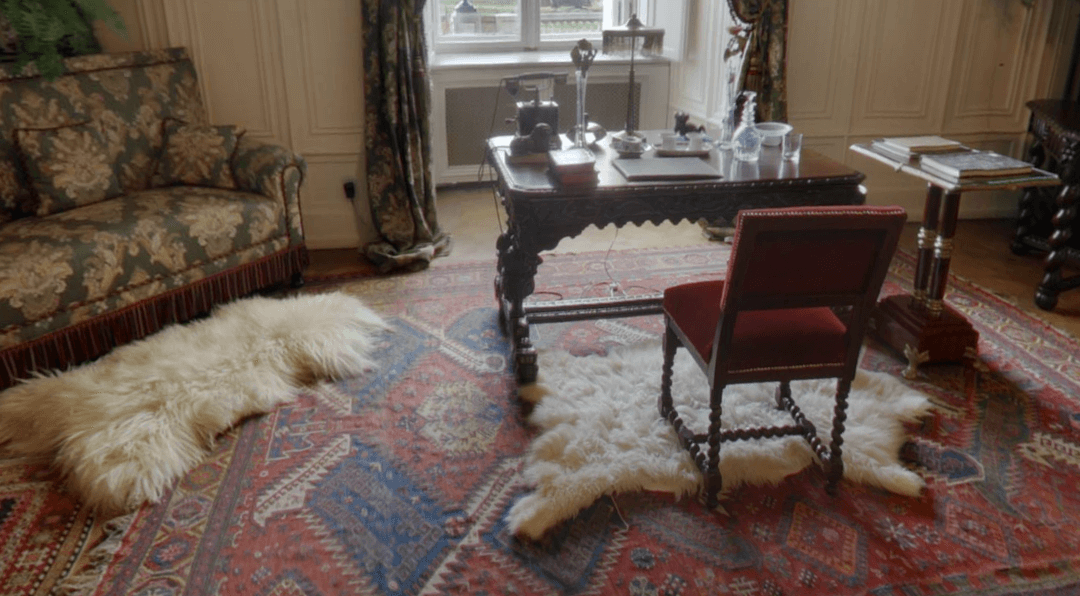 gabinet z ornamentalnym dywanem i futrami