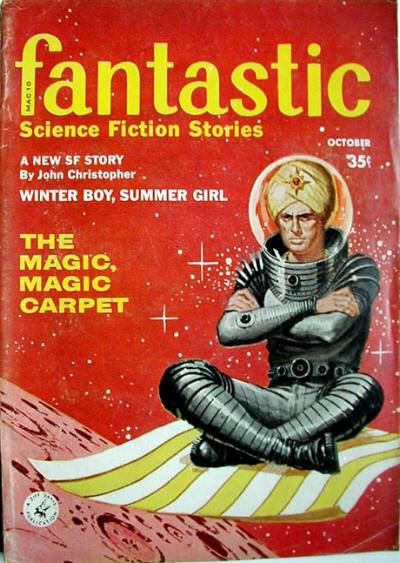 okładka magazynu Fantastic przedstawiająca mężczyznę na latającym dywanie w kosmosie