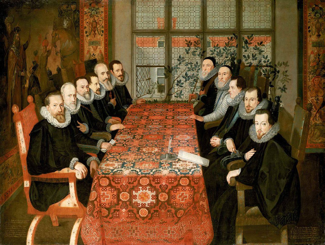 obraz przedstawiający konferencję w Somerset, przy stole nakrytym czerwonym dywanem